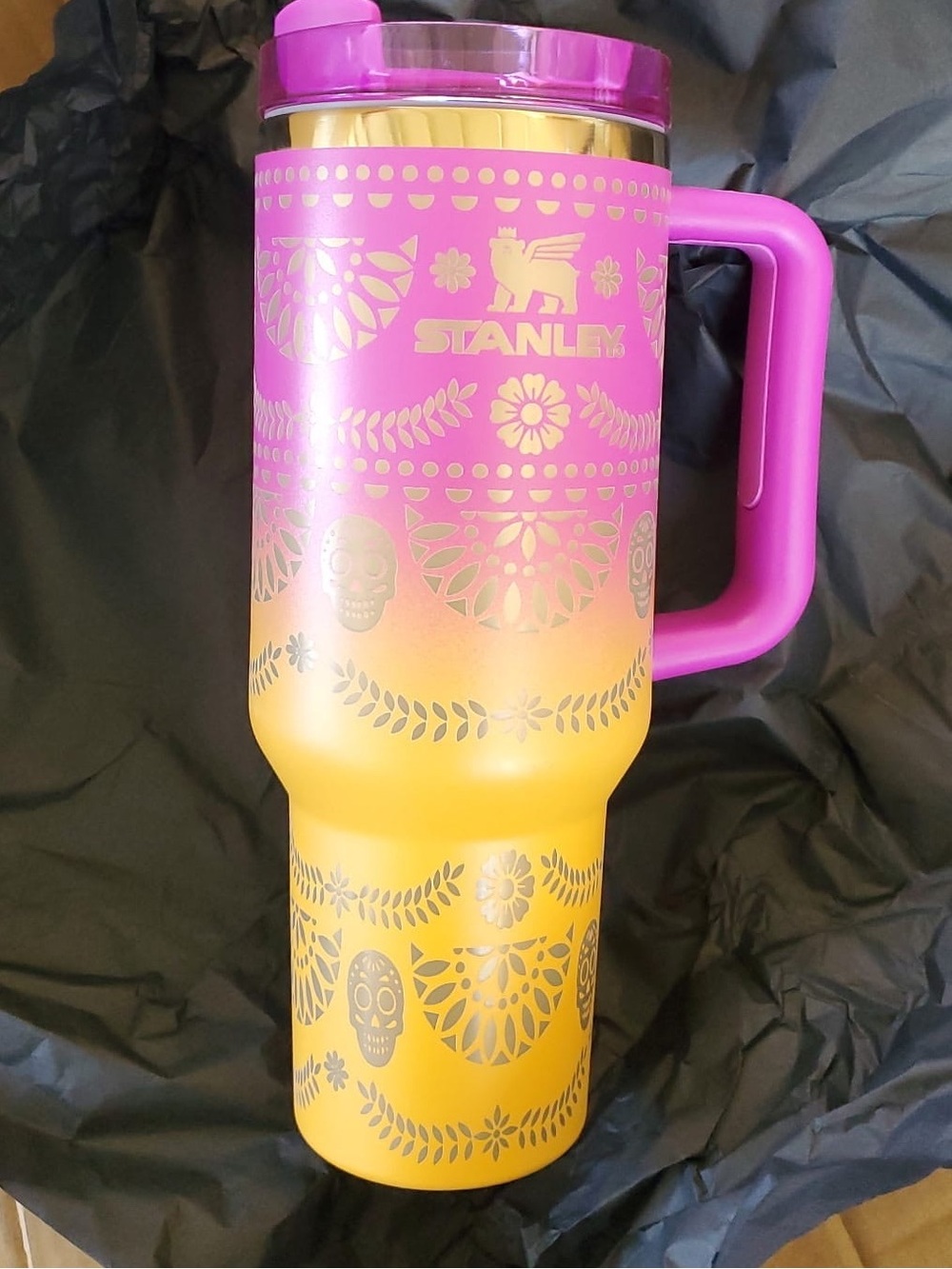 Stanley Dia de Los muertos day of the dead yellow pink Travel Mug Handle - Picture 3 of 4